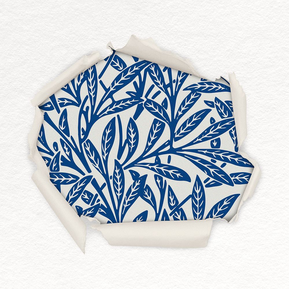 Blue leaf pattern center torn paper shape badge, botanical ornament photo