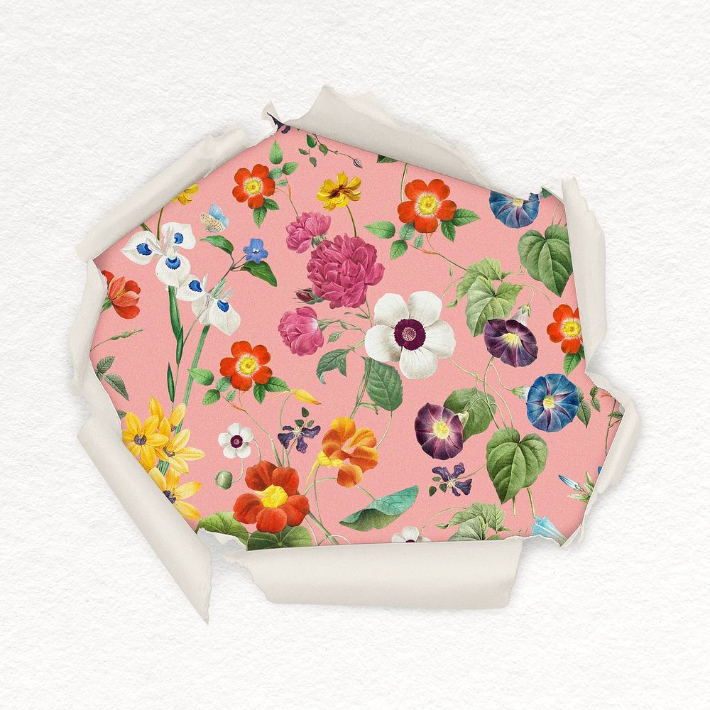 Floral pattern center torn paper shape badge, flower photo