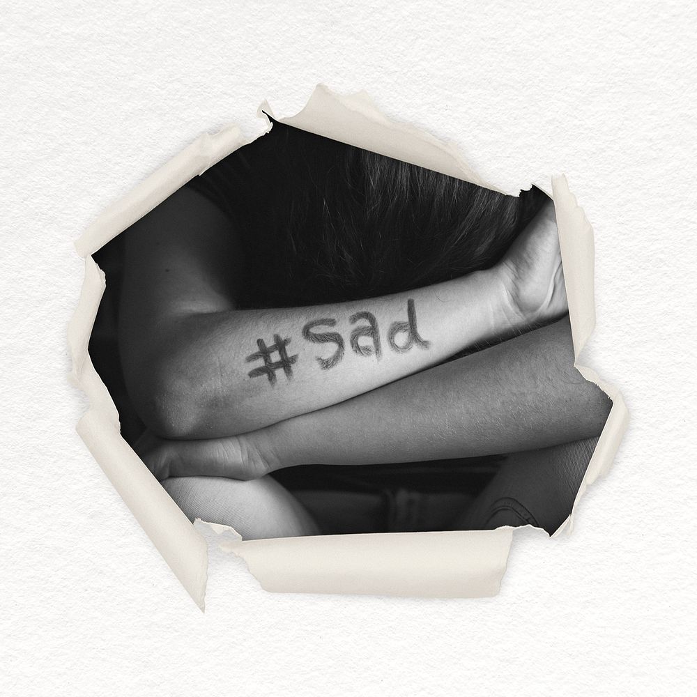 Hashtag sad center ripped paper shape sticker, mental health image psd