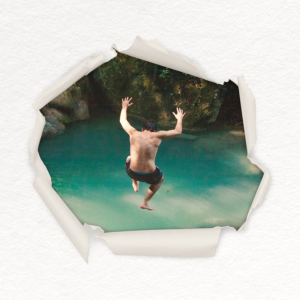 Man jumping into a pond center torn paper shape badge, travel photo