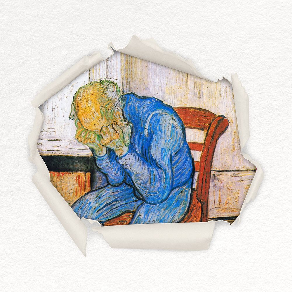 At Eternity's Gate by Vincent Van Gogh center torn paper shape badge, famous painting photo