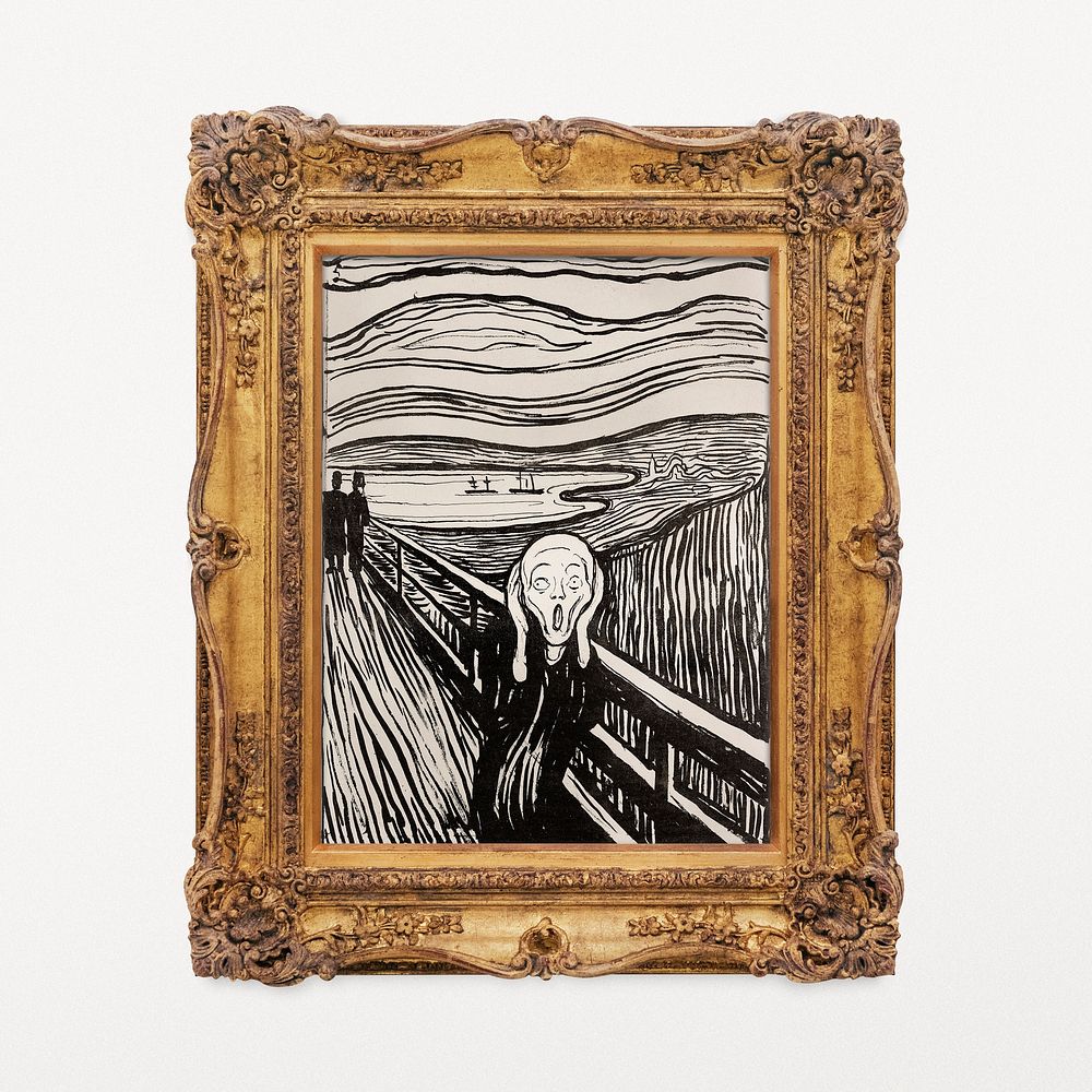 The Scream by Edward Munch artwork in decorative Rococo frame, remixed by rawpixel