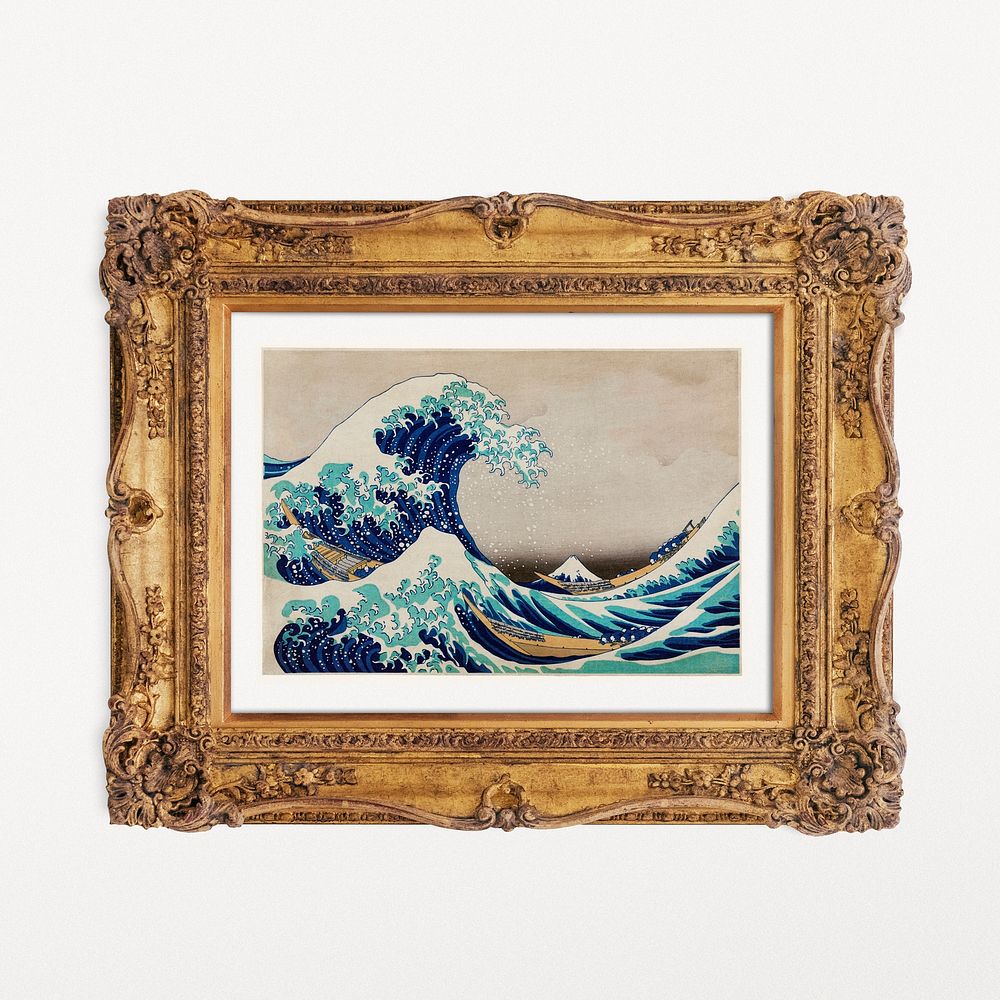 Hokusai's wave vintage artwork in decorative Rococo frame, remixed by rawpixel