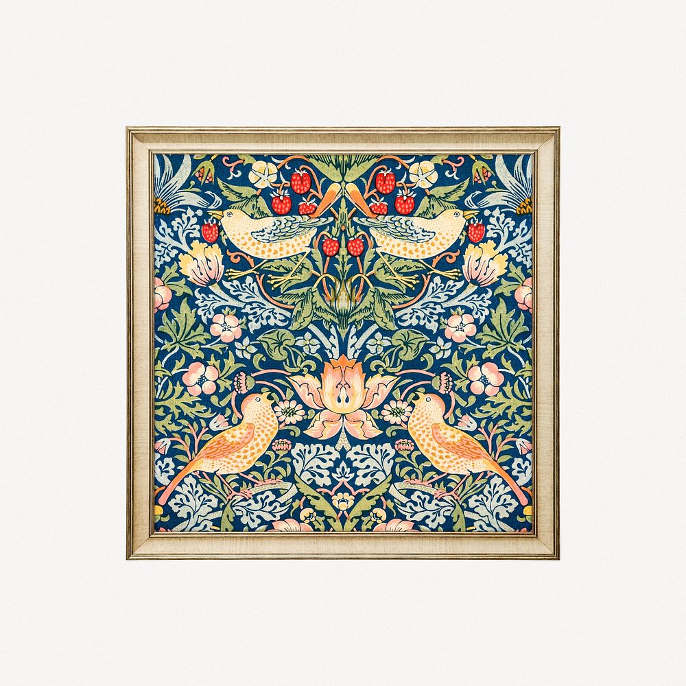Strawberry Thief, William Morris framed artwork, famous art on transparent background, remastered by rawpixel
