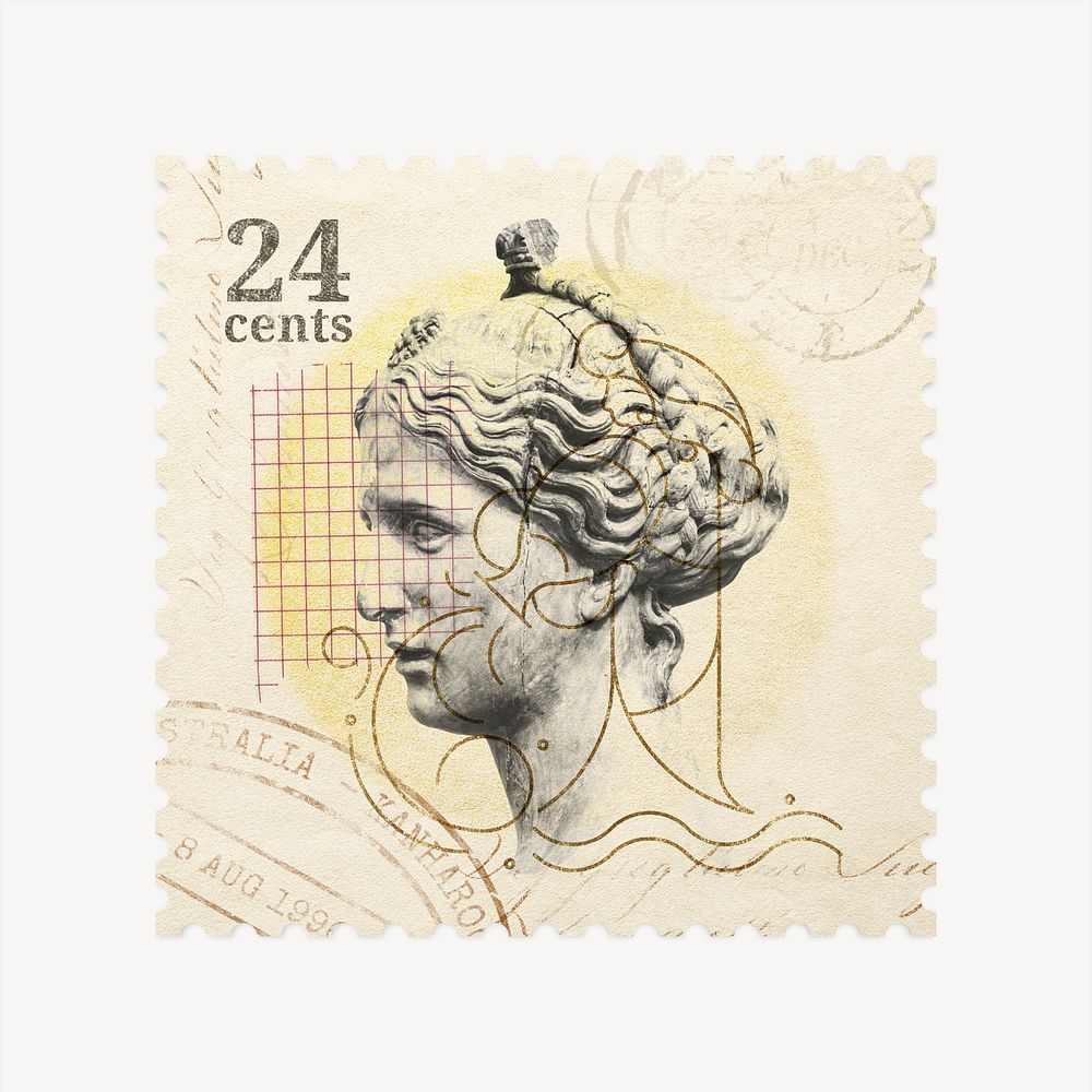 Greek woman sculpture post stamp collage element psd