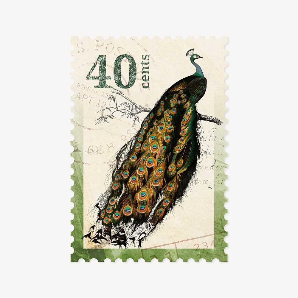 Peacock ephemera post stamp collage element psd