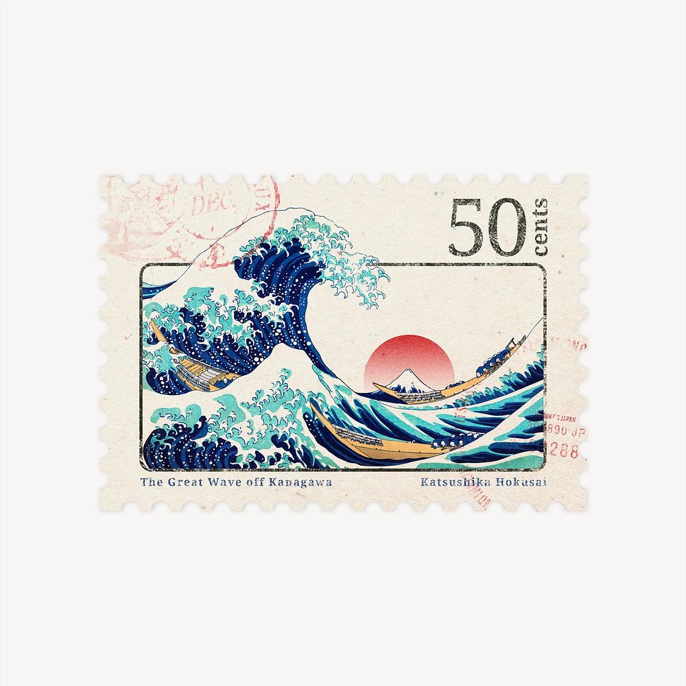 The Great Wave off Kanagawa, Hokusai, post stamp collage element psd, remixed by rawpixel 