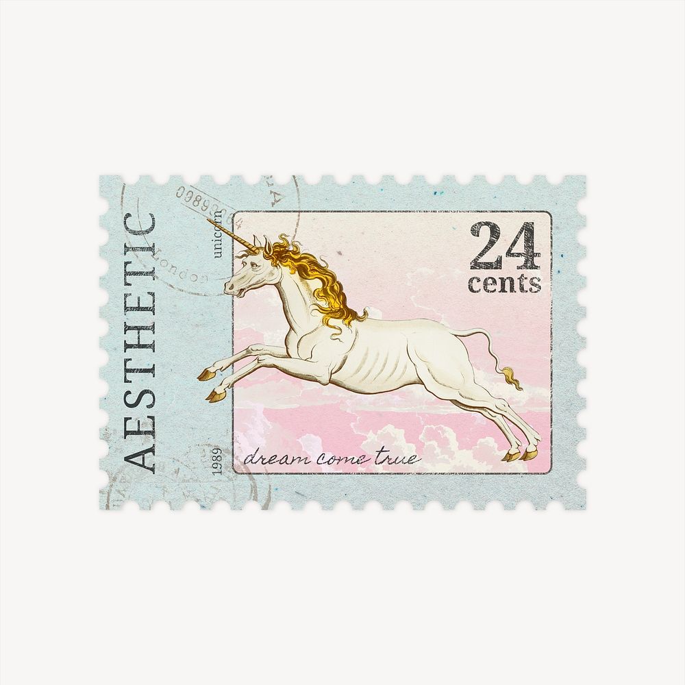 Unicorn ephemera post stamp collage element psd