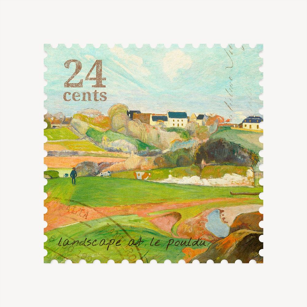Gauguin landscape ephemera post stamp collage element psd, remixed by rawpixel 