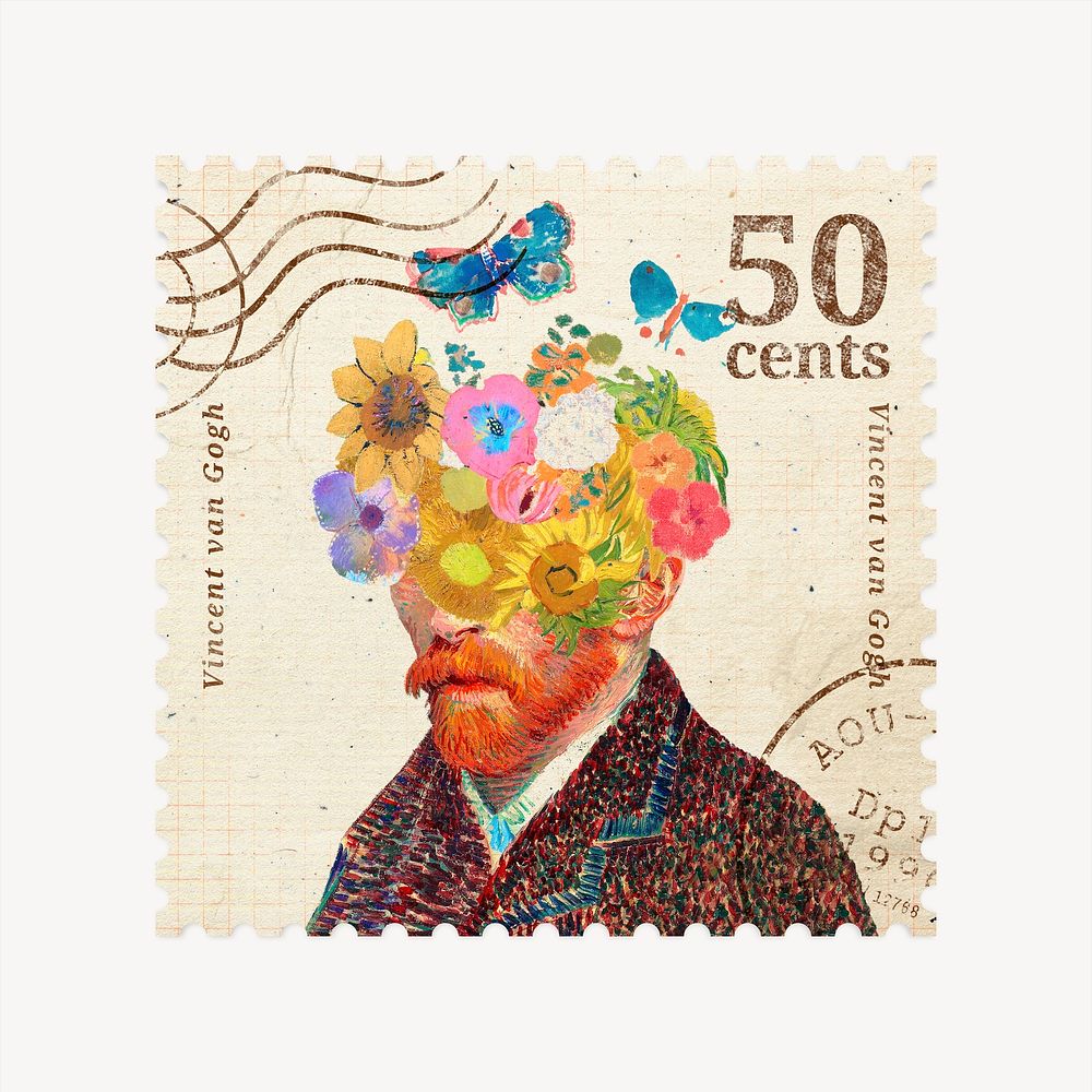 Van Gogh inspired portrait postage stamp graphic, remixed by rawpixel 