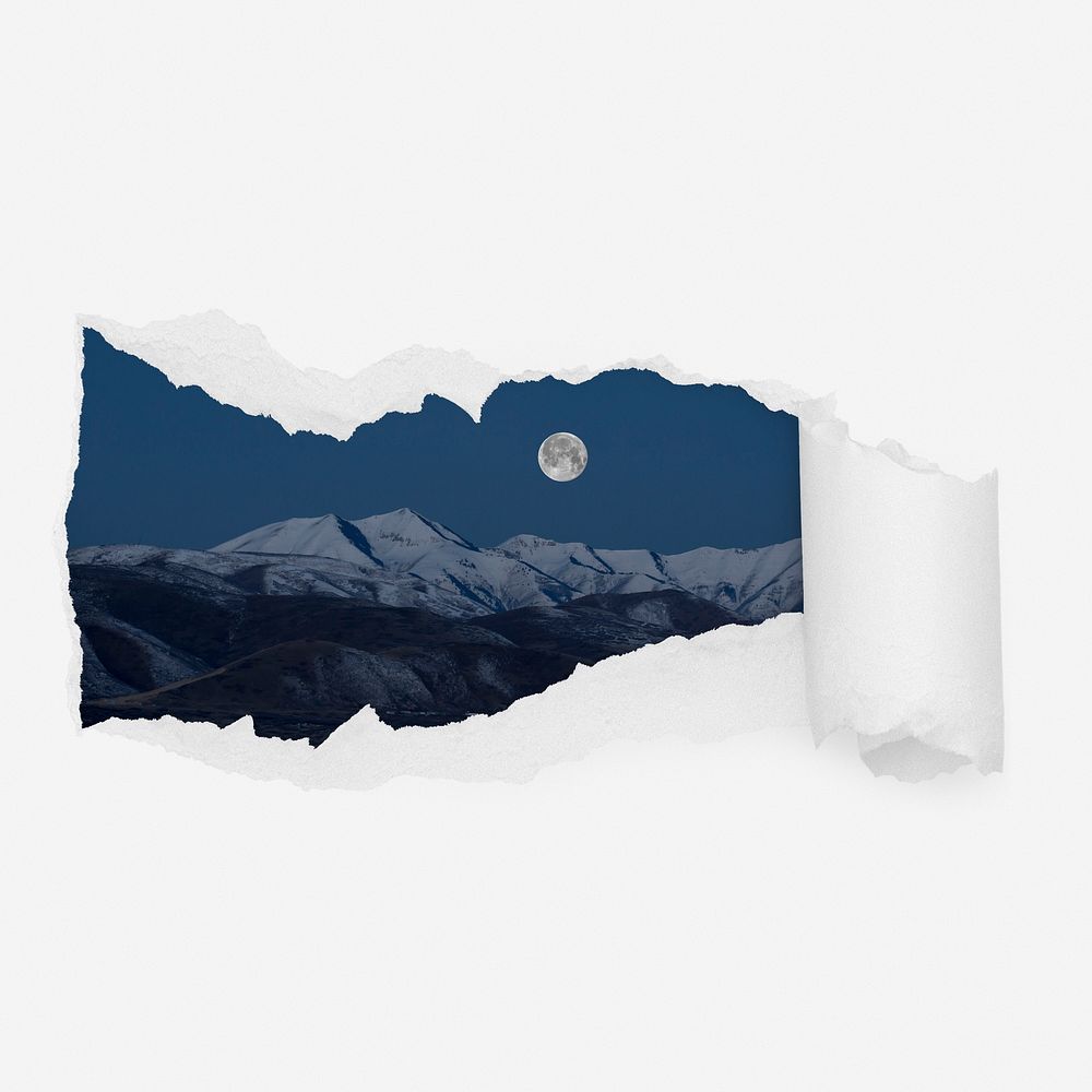 Snow mountain night ripped paper reveal, nature photo