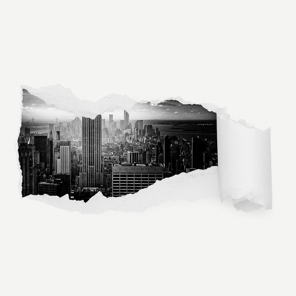 Grayscale cityscape torn paper reveal sticker, buildings photo psd