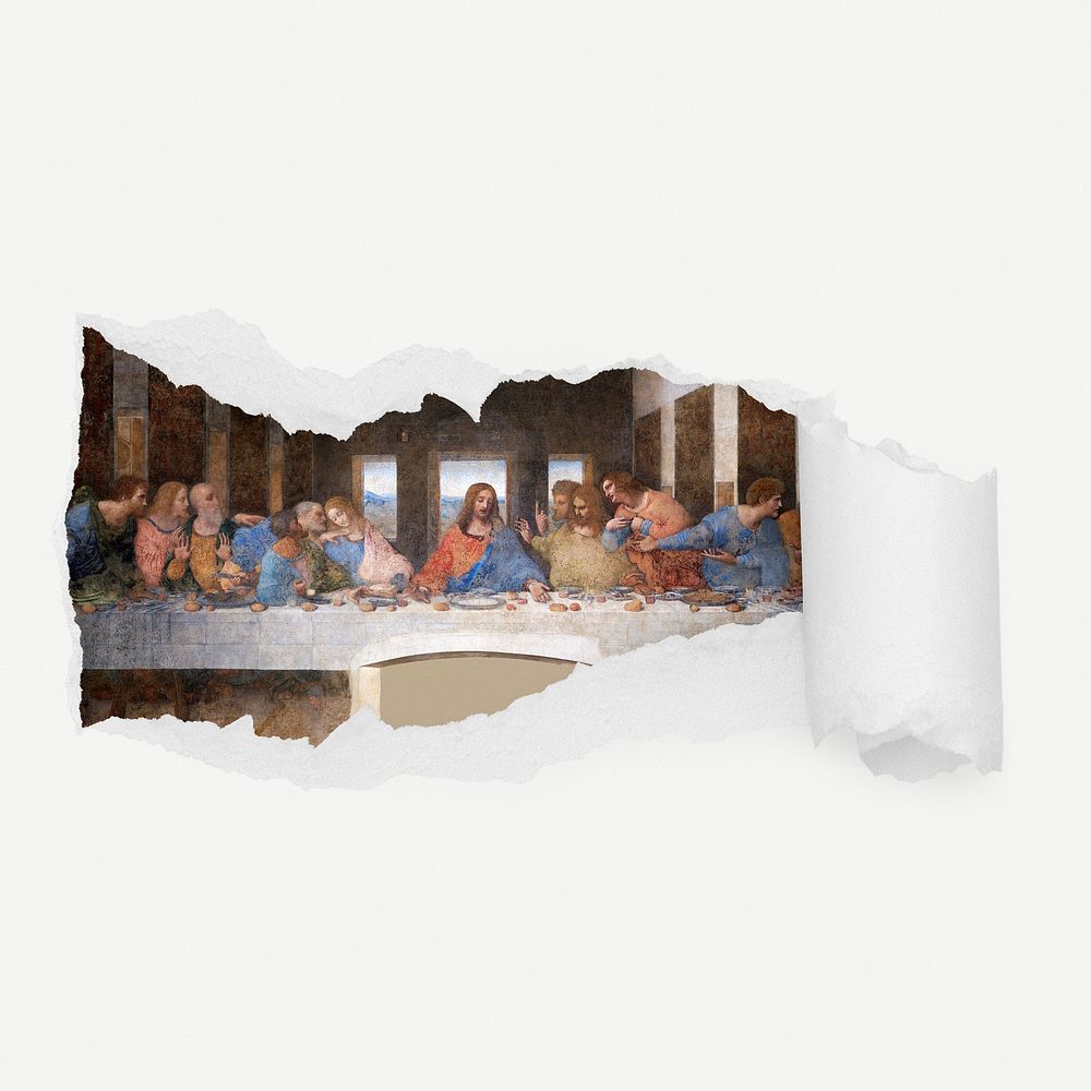 Leonardo da Vinci's The Last Supper torn paper reveal sticker, religious illustration psd