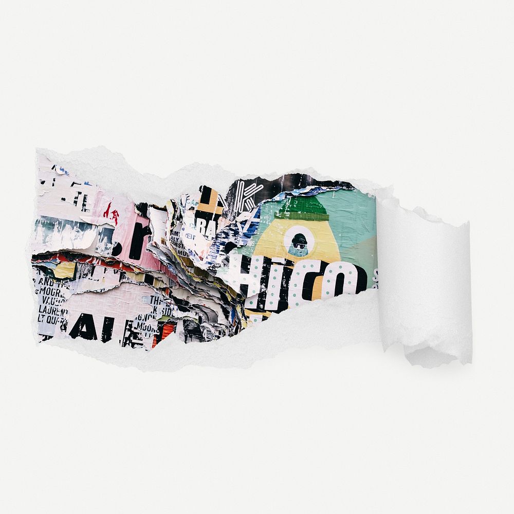 Torn magazine papers reveal sticker, abstract photo psd