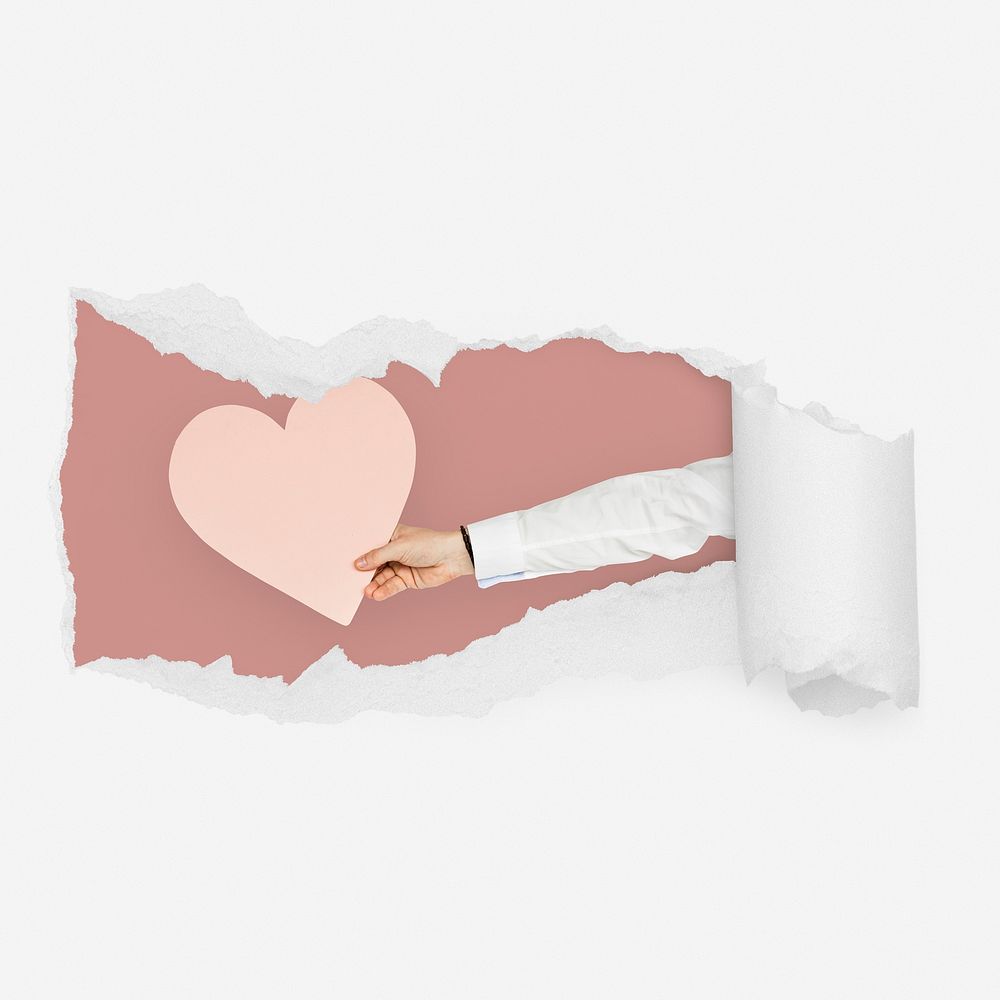 Hand holding heart ripped paper reveal, Valentine's photo