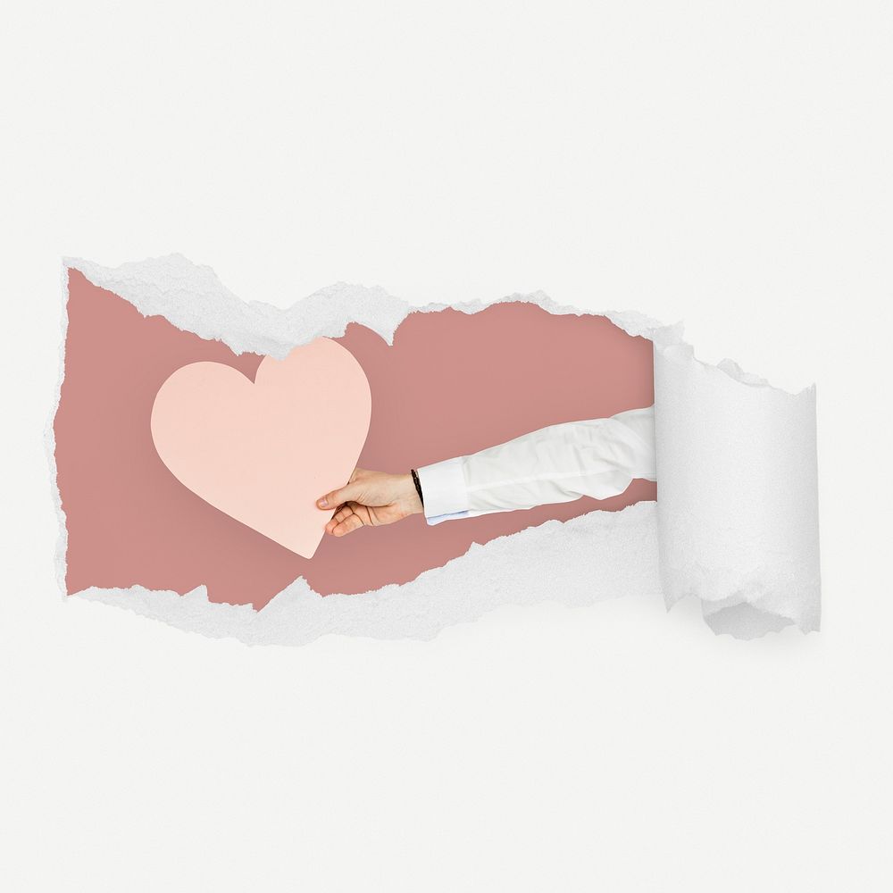 Hand holding heart torn paper reveal sticker, Valentine's photo psd