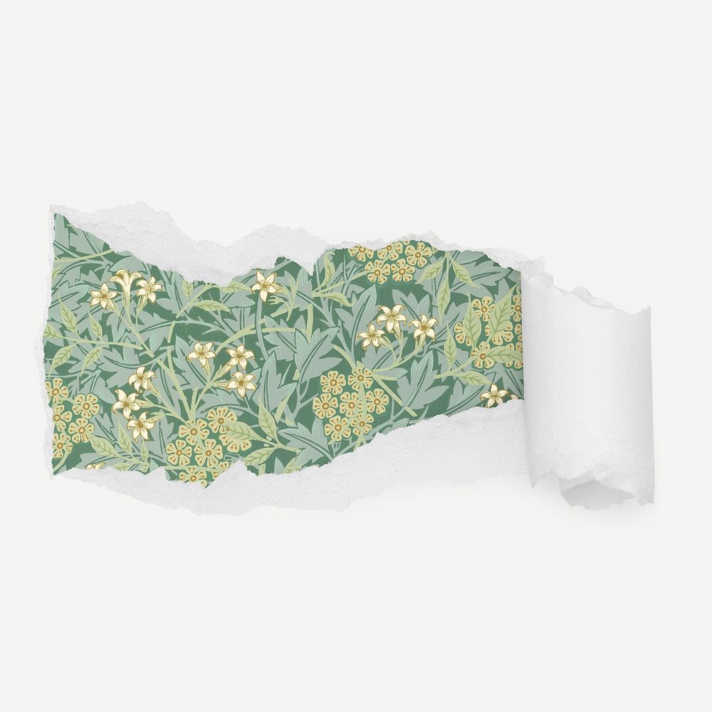 William Morris jasmine pattern torn paper reveal sticker, flower illustration psd