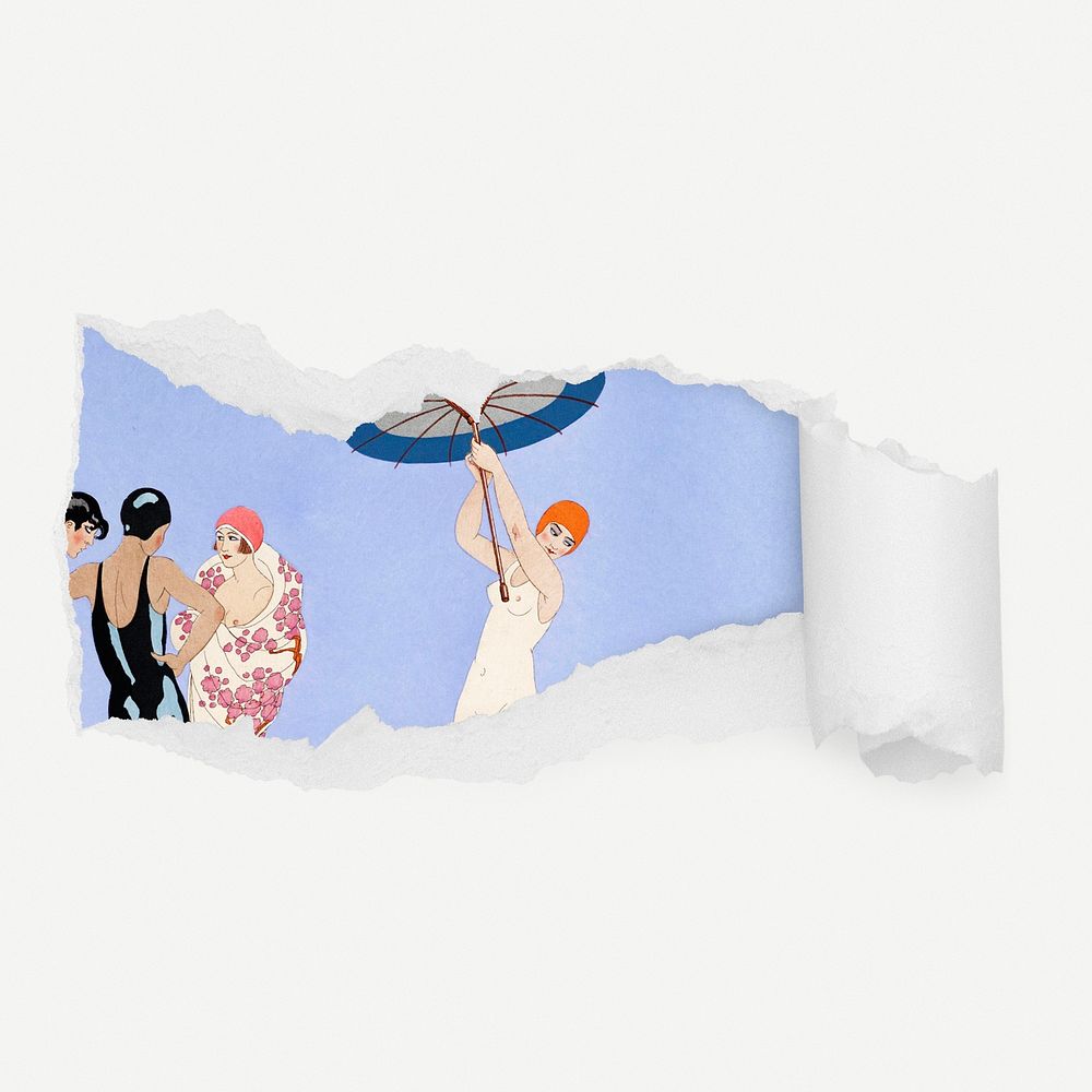 Vintage summer women torn paper reveal sticker, fashion illustration psd