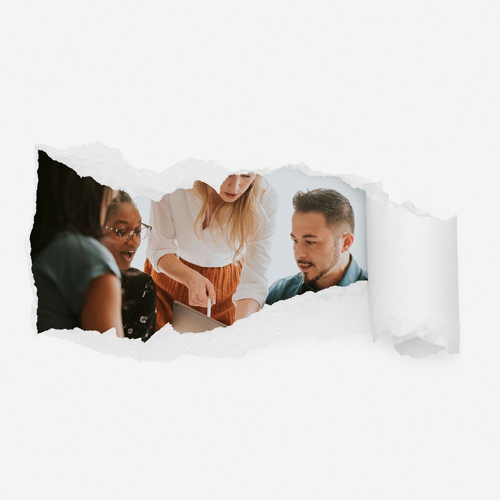 Colleagues discussing work torn paper reveal sticker, business photo psd