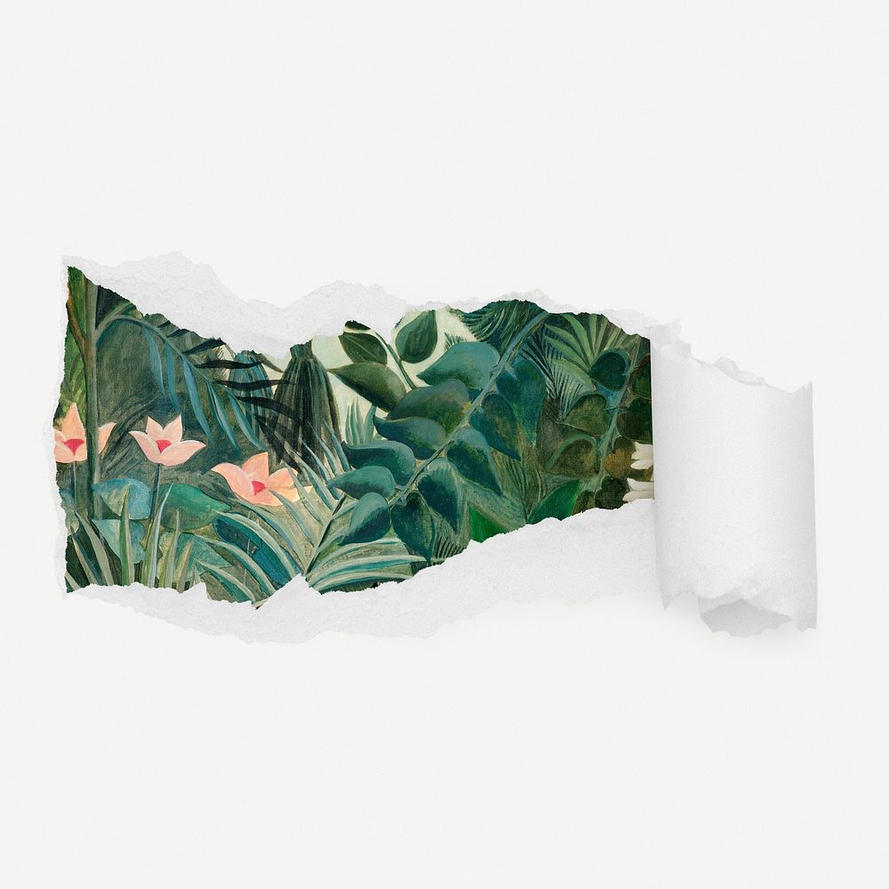 Vintage jungle torn paper reveal sticker, nature illustration psd