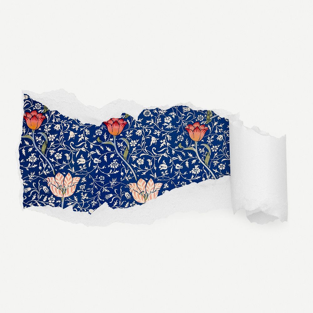 William Morris medway pattern torn paper reveal sticker, floral illustration psd