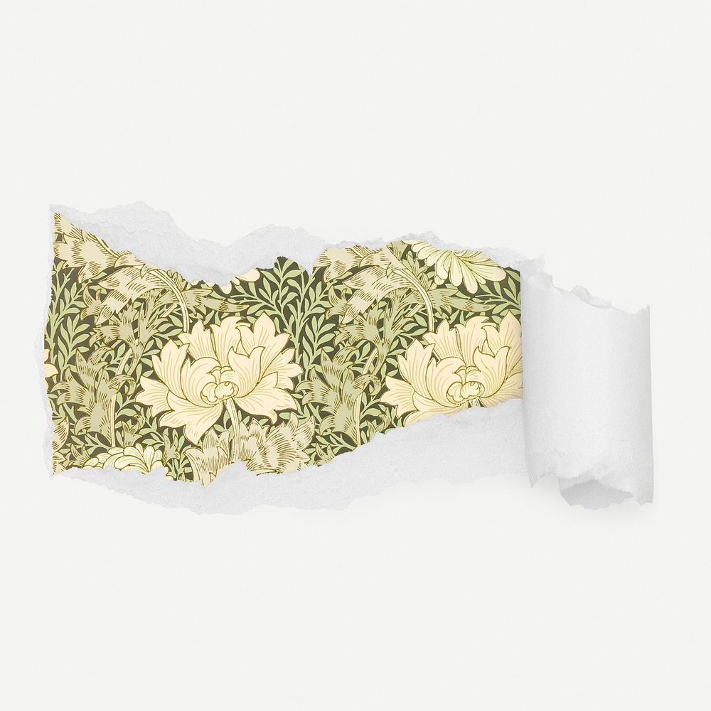 William Morris flower pattern torn paper reveal sticker, vintage illustration psd