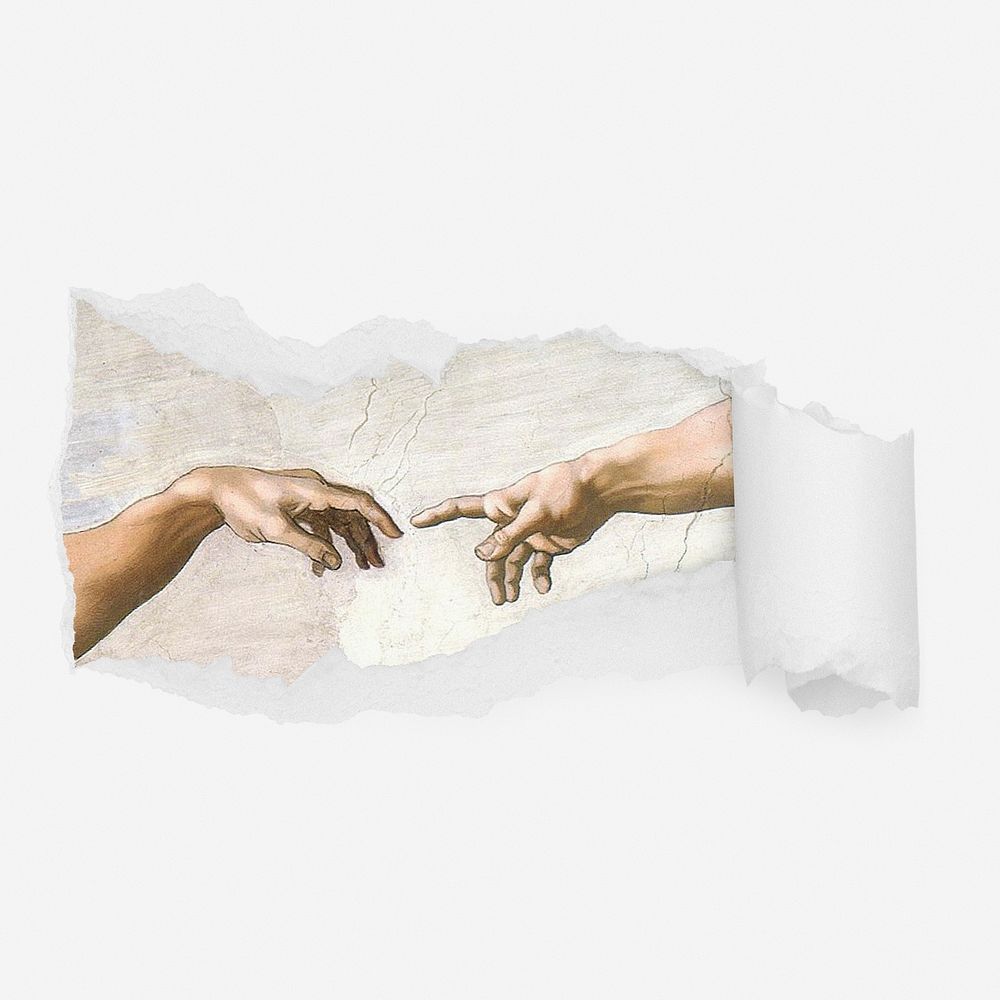 The Creation of Adam ripped paper reveal, historical painting