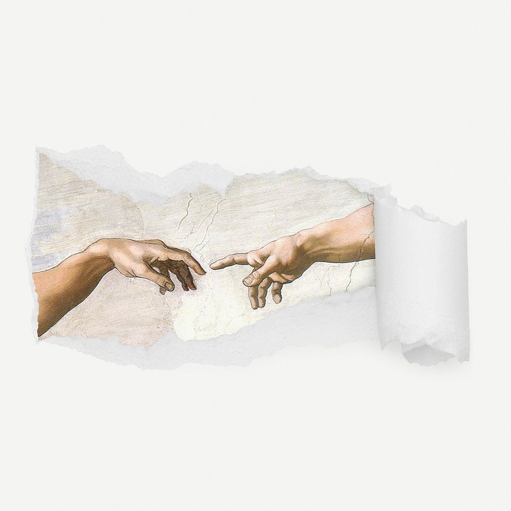 The Creation of Adam torn paper reveal sticker, historical painting psd