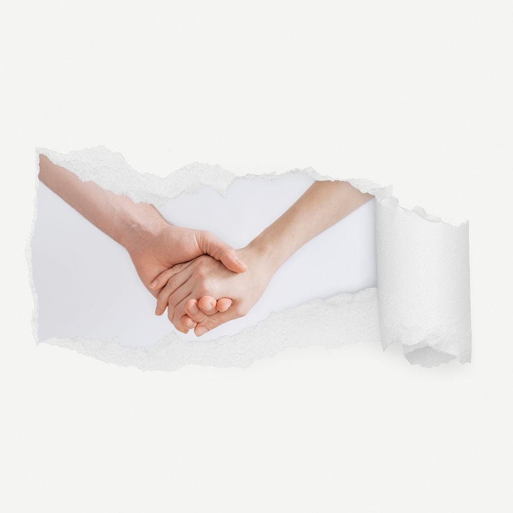 Holding hands torn paper reveal sticker, relationship photo psd