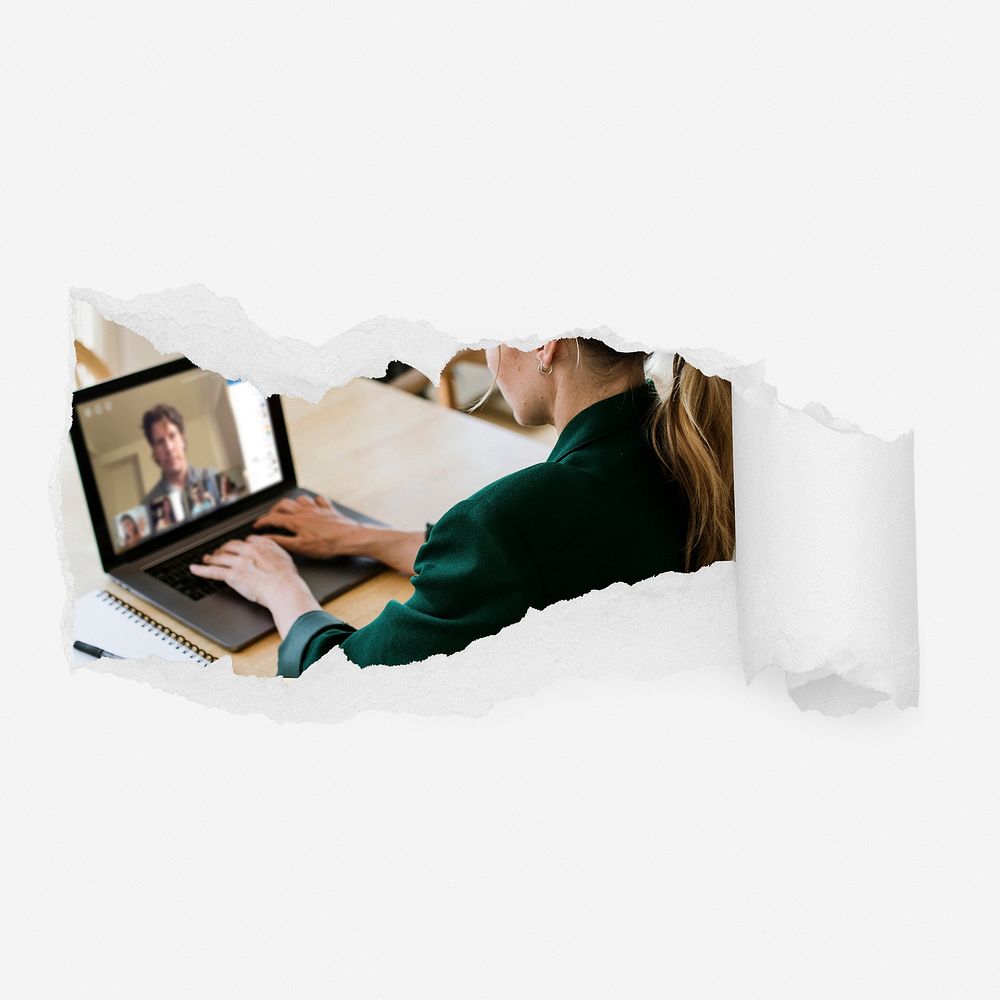 Woman in online meeting ripped paper reveal, business photo