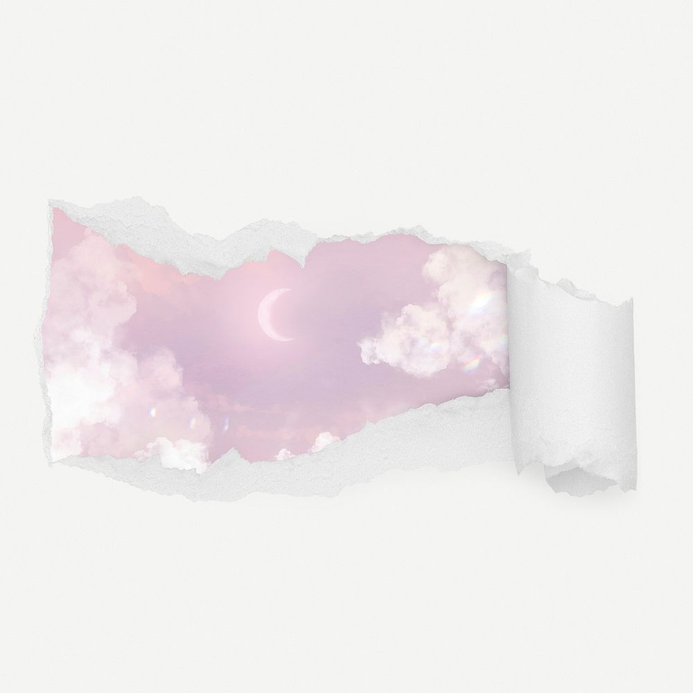 Aesthetic purple sky torn paper reveal sticker, crescent moon illustration psd