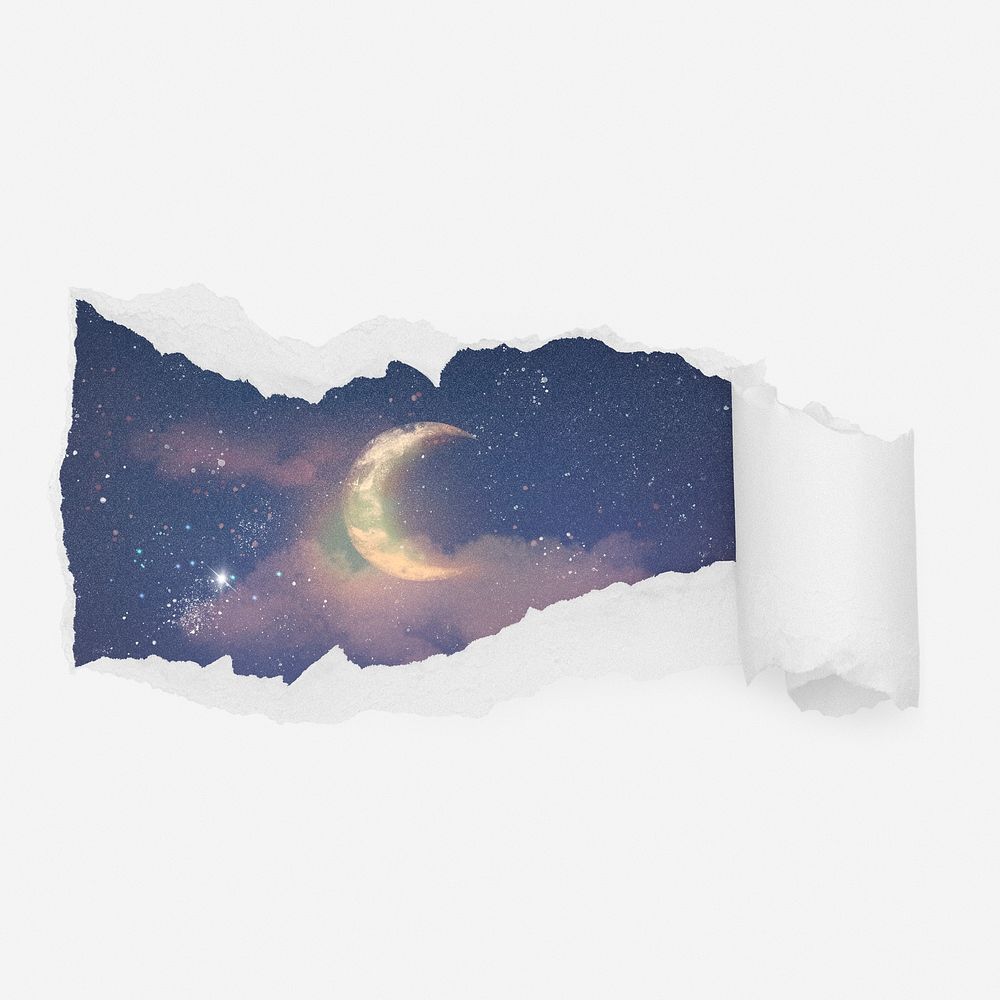 Crescent moon on night sky ripped paper reveal, aesthetic photo