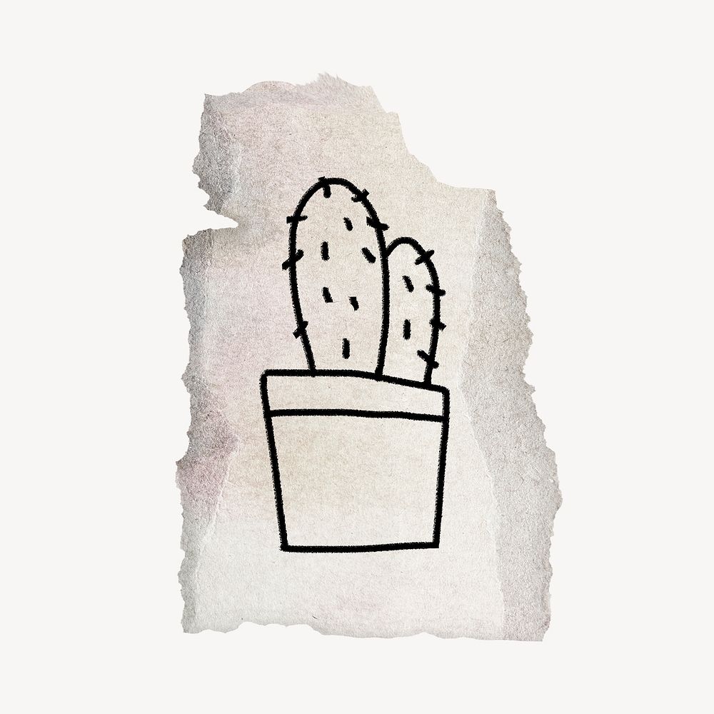Cactus doodle clipart, ripped paper design psd