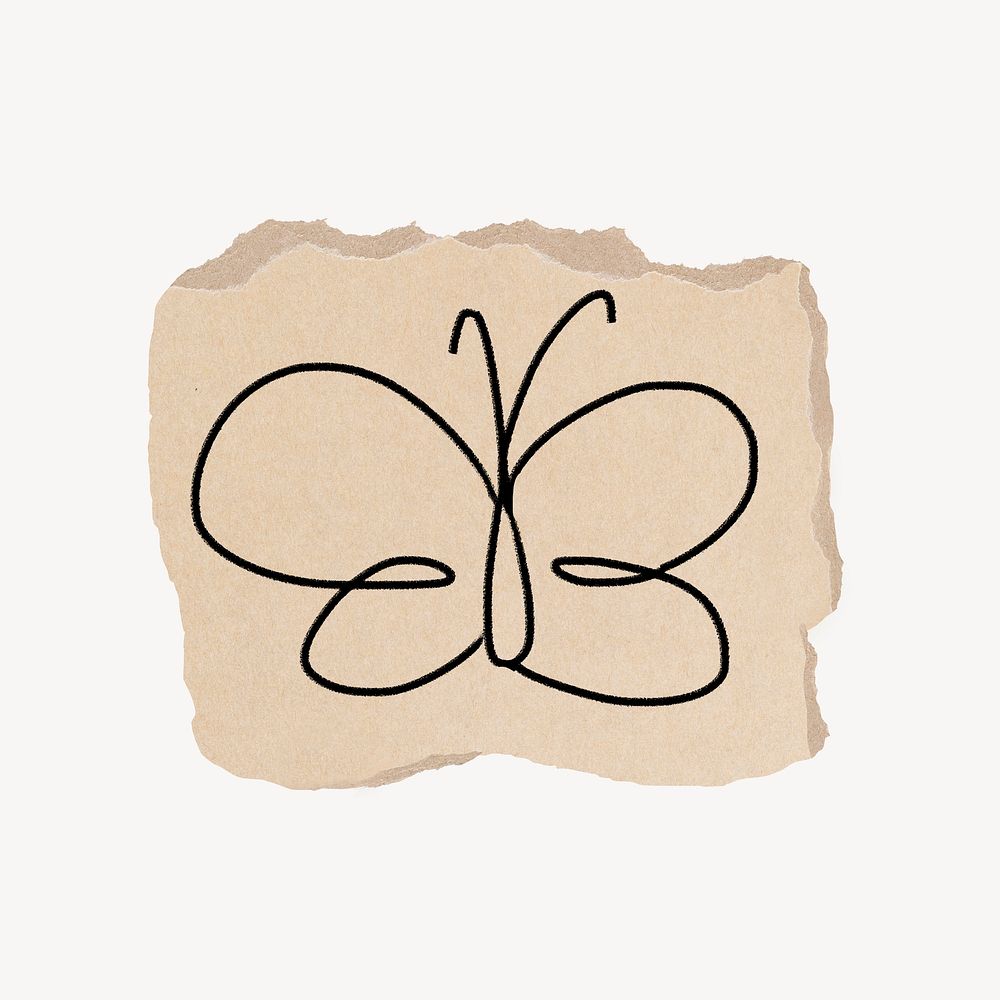 Butterfly doodle clipart, ripped paper design psd