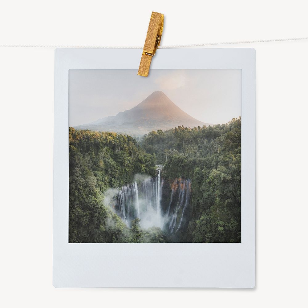 Waterfall mountain instant photo, nature aesthetic image