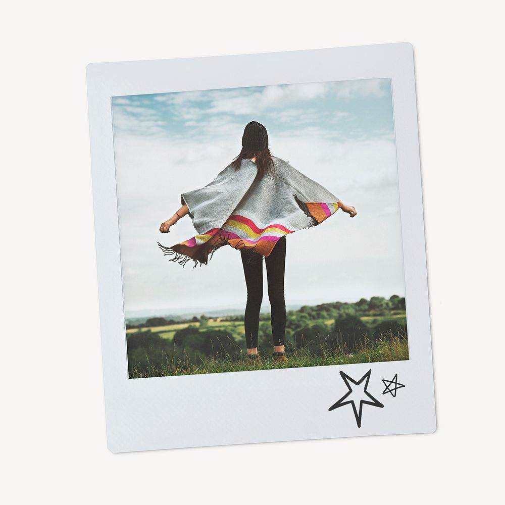 Carefree woman travel instant photo, standing outdoor