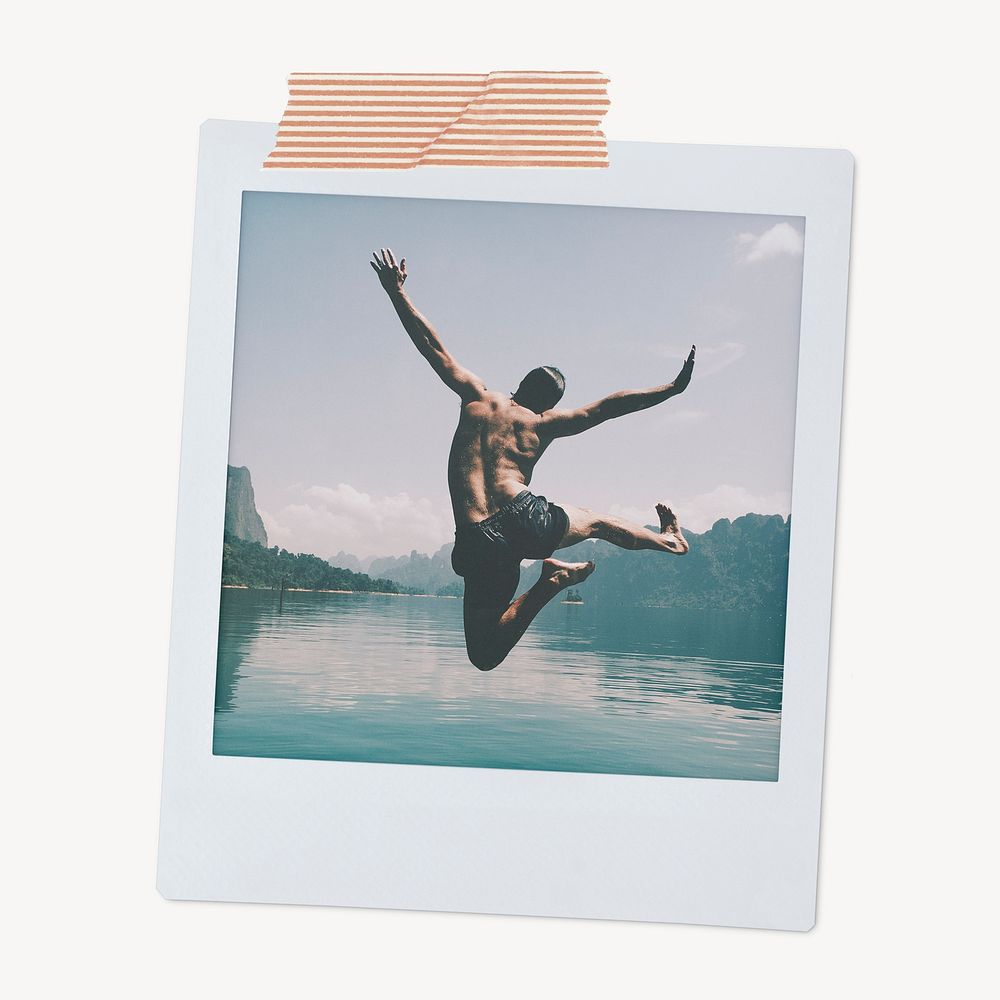 Carefree man jumping by the lake, travel instant photo