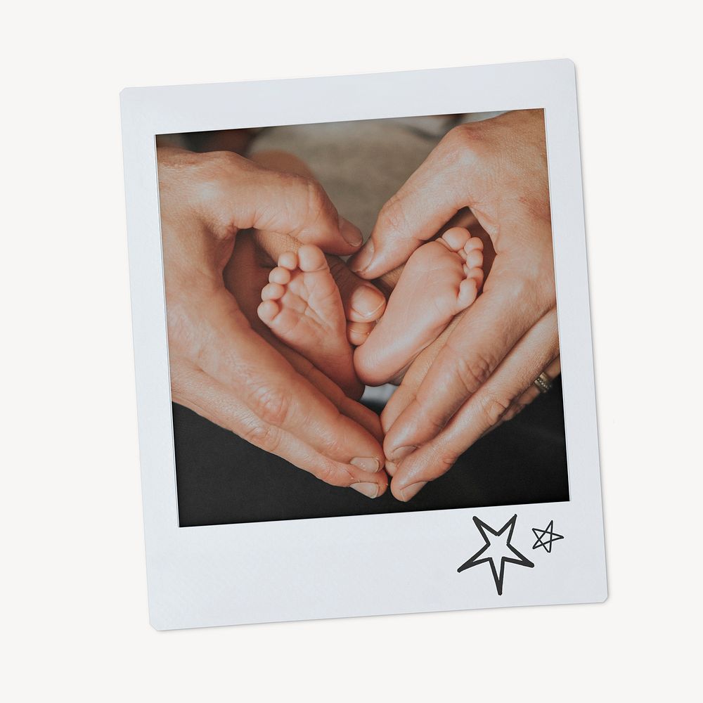 Baby feet in mother's hands, heart shape, instant photo 