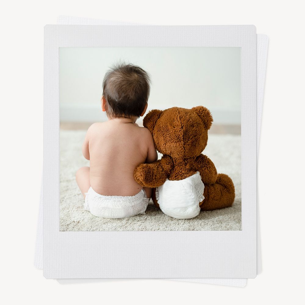 Baby with teddy bear instant photo, friendship image