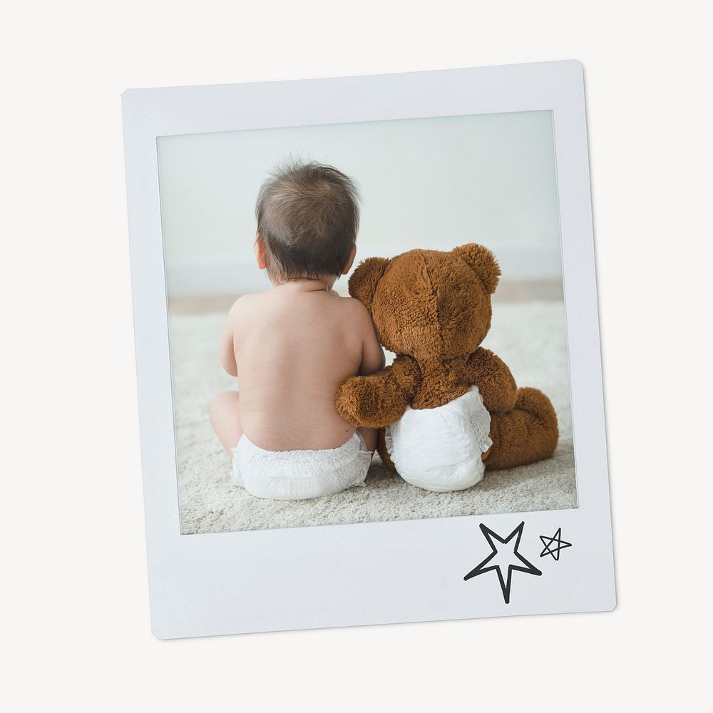 Baby with teddy bear instant photo, friendship image