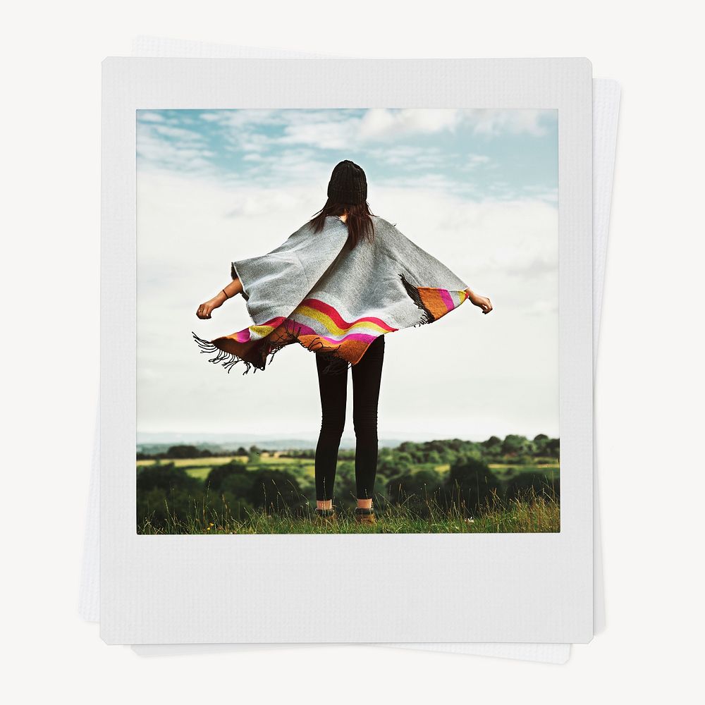 Instant photo frame mockup, carefree woman, travel image psd