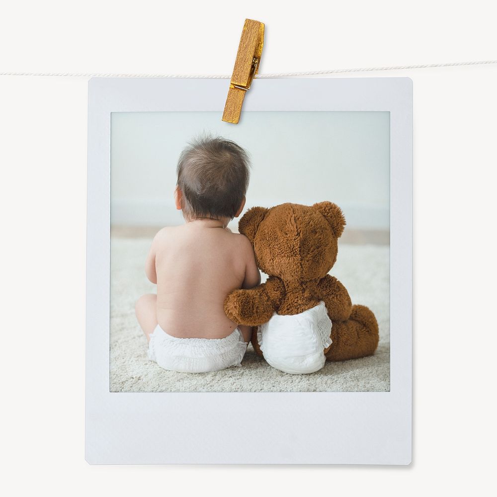 Instant photo film frame mockup, baby with teddy bear image psd