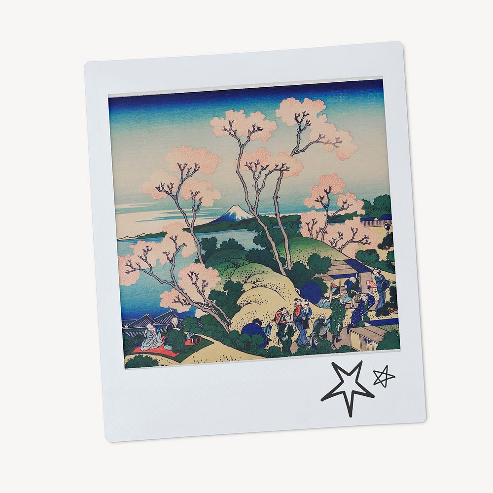 Katsushika Hokusai's famous cherry blossom painting, instant photo, remixed by rawpixel