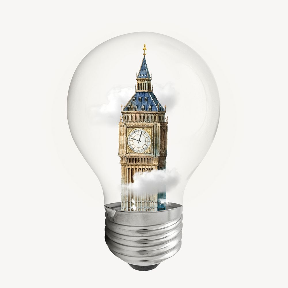 Big Ben tower sticker, land mark light bulb remixed media psd