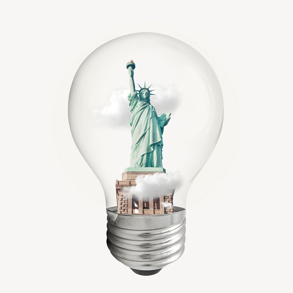 Statue of Liberty sticker, land mark light bulb remixed media psd