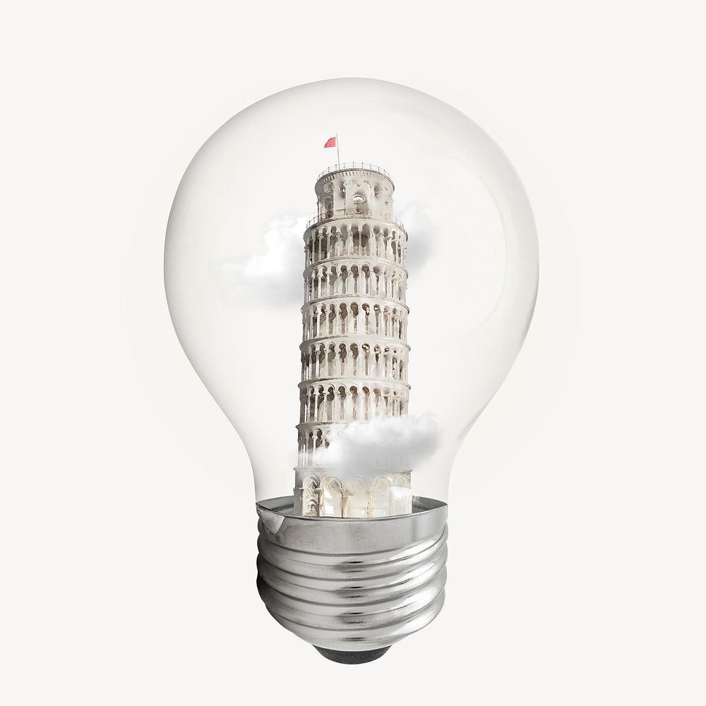 Pisa Tower, Italian land mark light bulb remixed media 