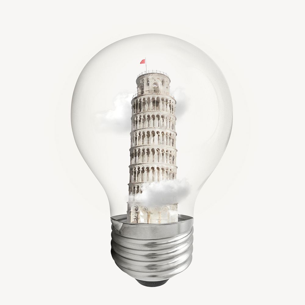 Pisa Tower sticker, Italian land mark light bulb remixed media psd
