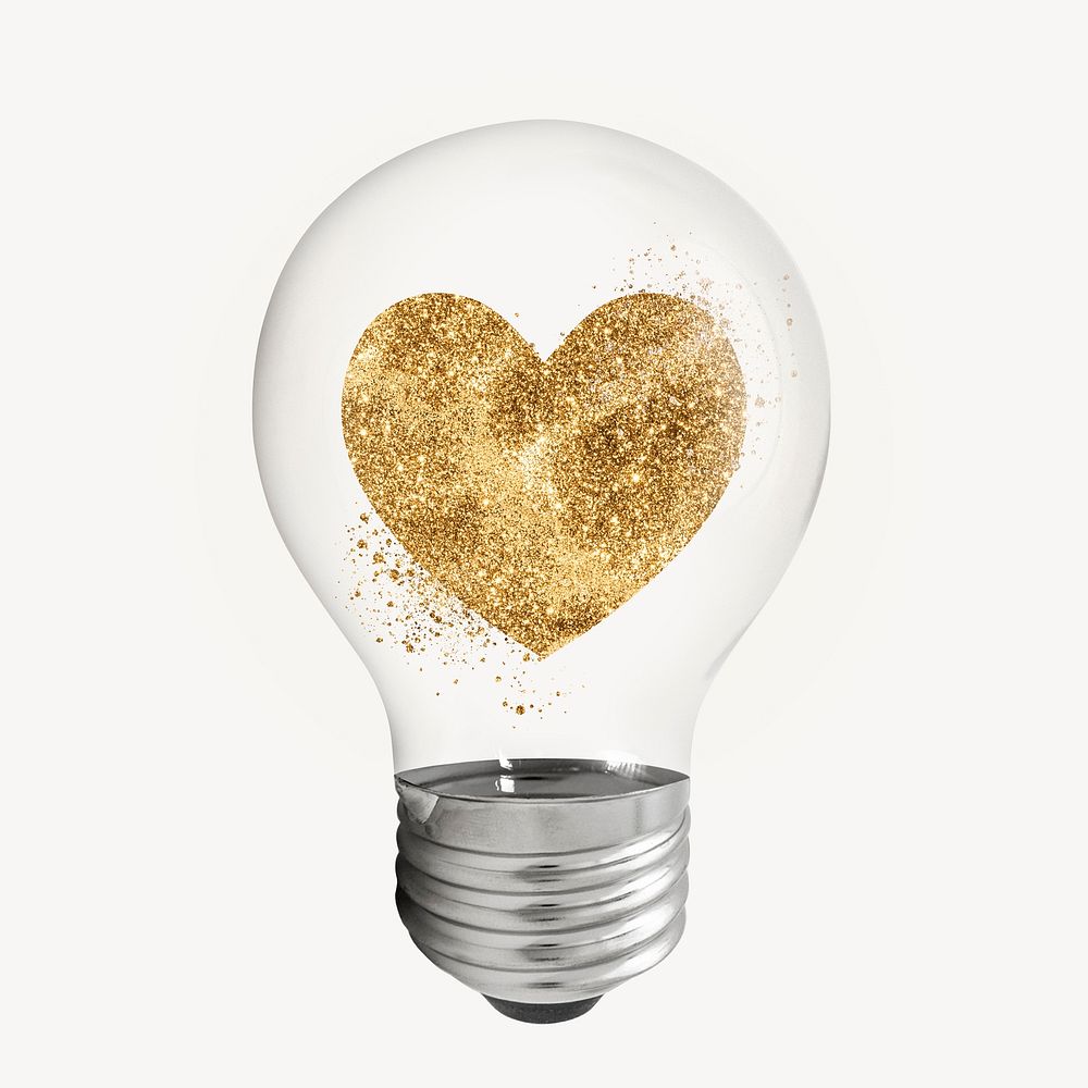 Gold glittery heart in light bulb love creative remix