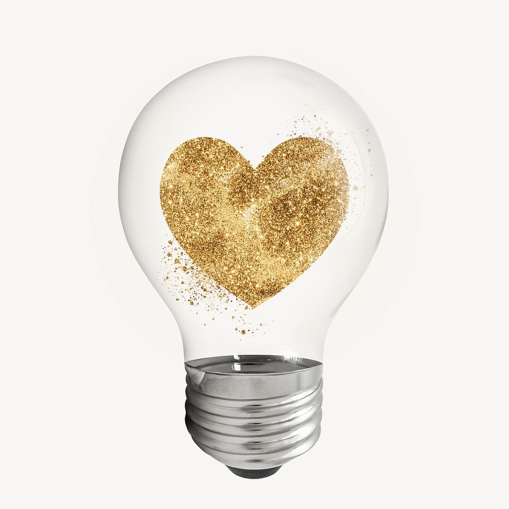Gold glittery heart sticker, light bulb Valentine's creative remix psd