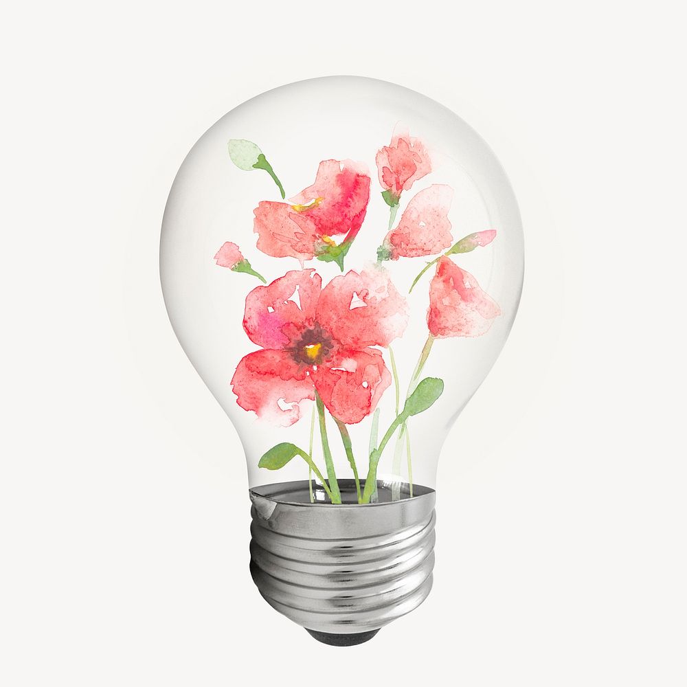 Watercolor flower light bulb, pink aesthetic illustration 